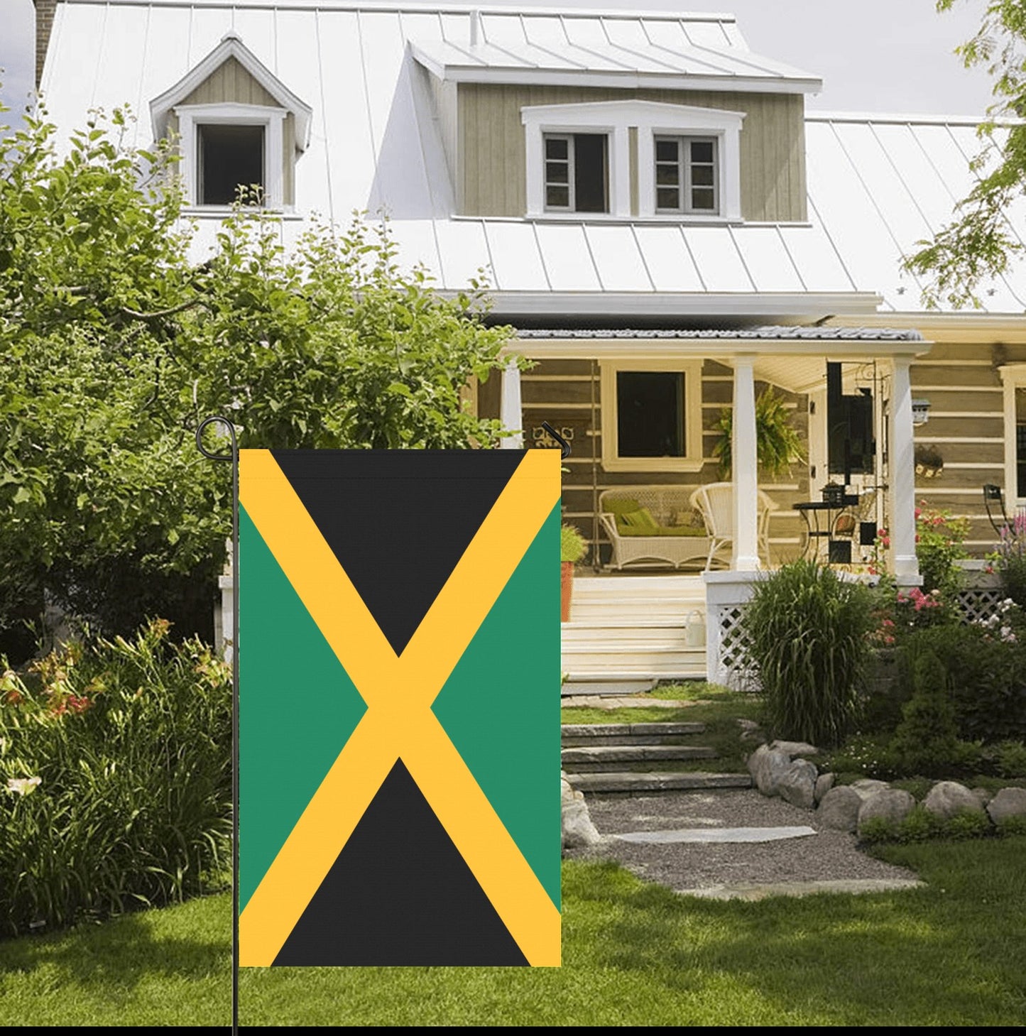 Luv My Flag garden flag outside rustic house, vibrant design.