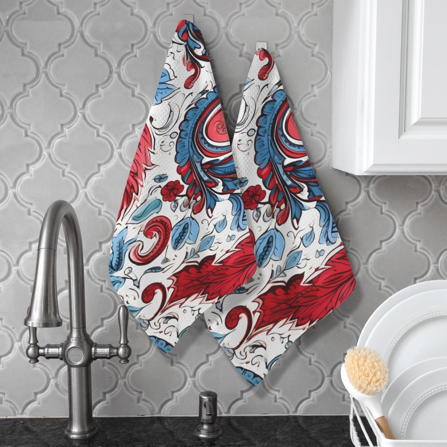 USA/American Flag Inspired Floral Pattern Kitchen Towel 40X60cm (Pack of 2) (Made in the USA)