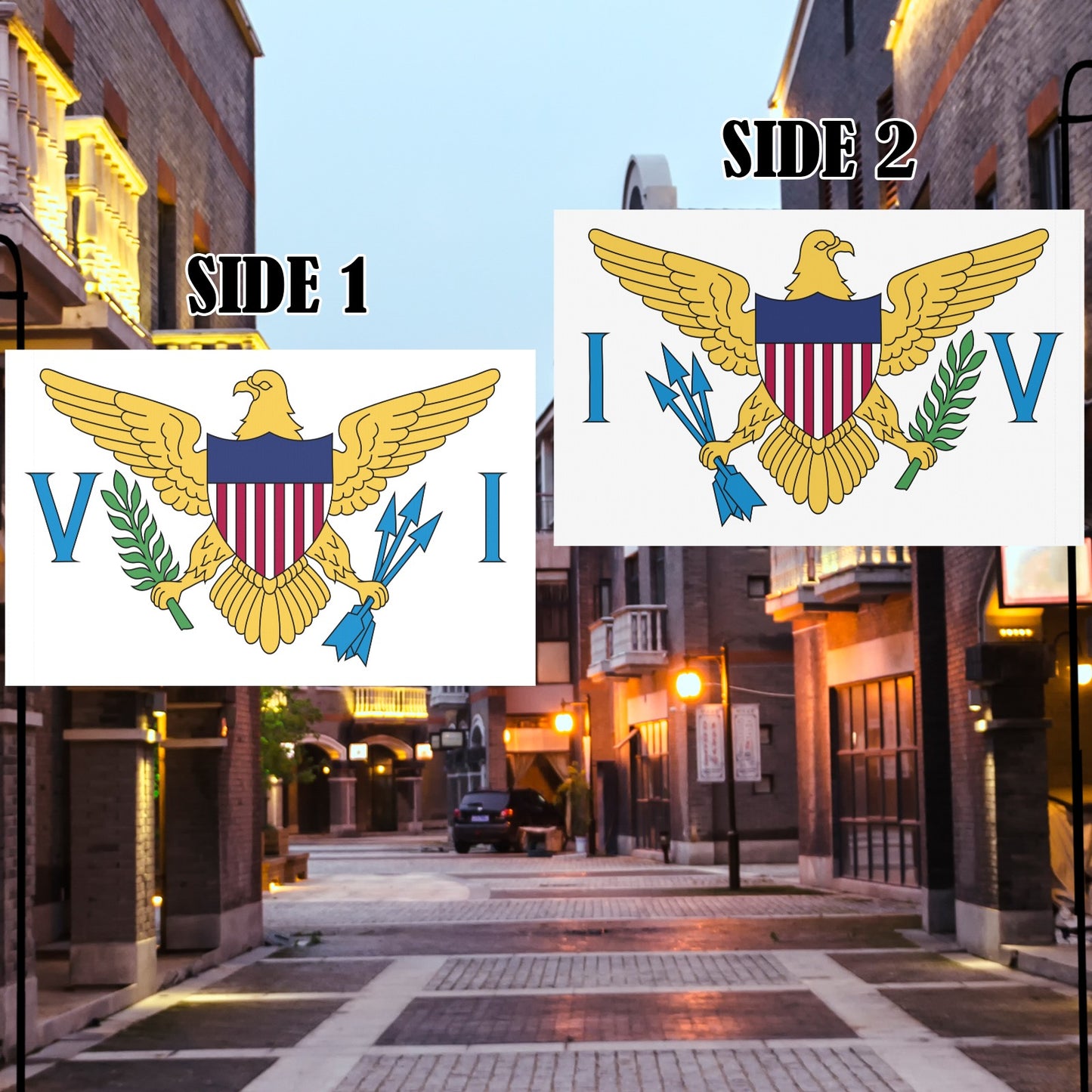 Two-sided flag with eagle emblem by Luv My Flag.