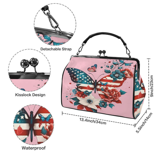 USA/American Flag Inspired Butterfly Kisslock Crossbody Shoulder Bag-Large