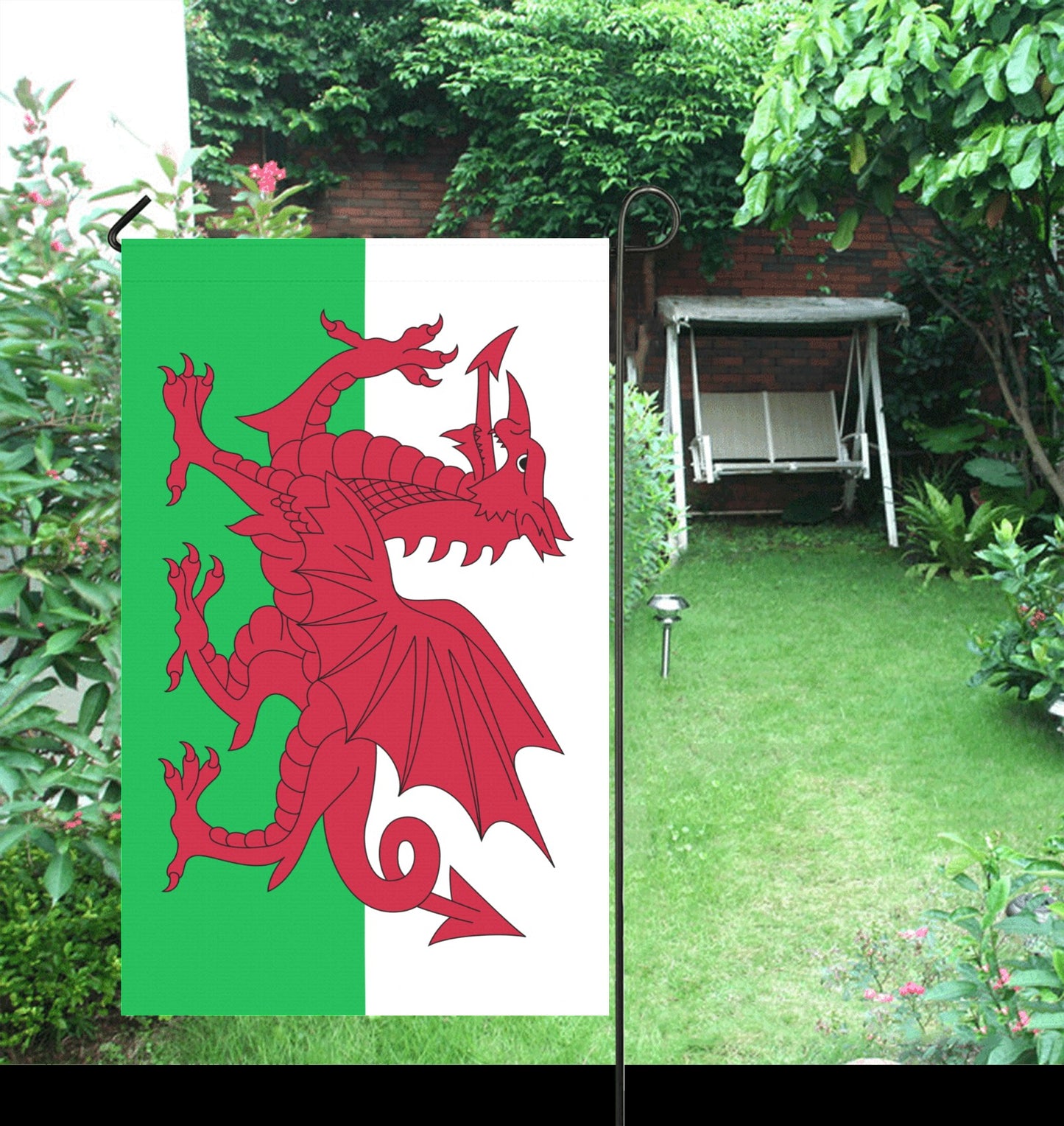 Garden featuring Luv My Flag with red dragon design.