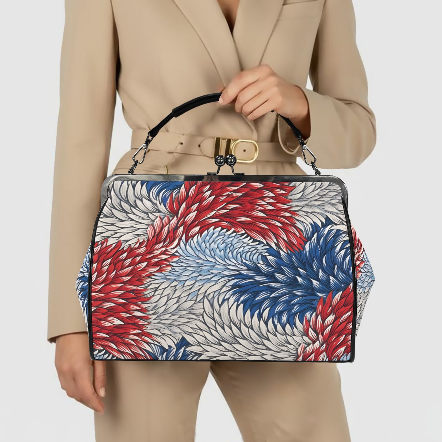 USA/American Flag Red White & Blue Floral Pattern Kisslock Crossbody Shoulder Bag-Large
