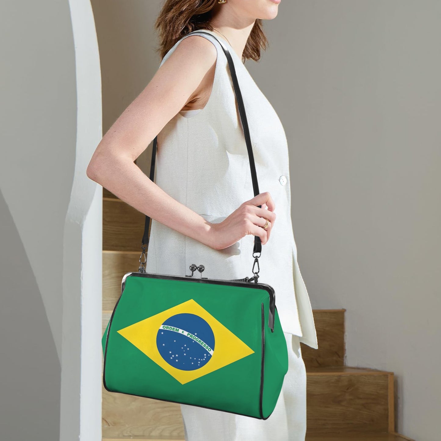 Brazil Flag Inspired Kisslock Crossbody Shoulder Bag-Large