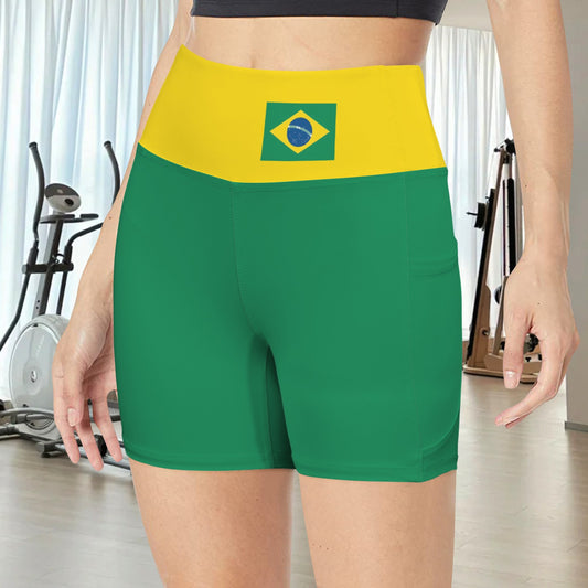 Brazil Flag Inspired Pocket Yoga Active Shorts