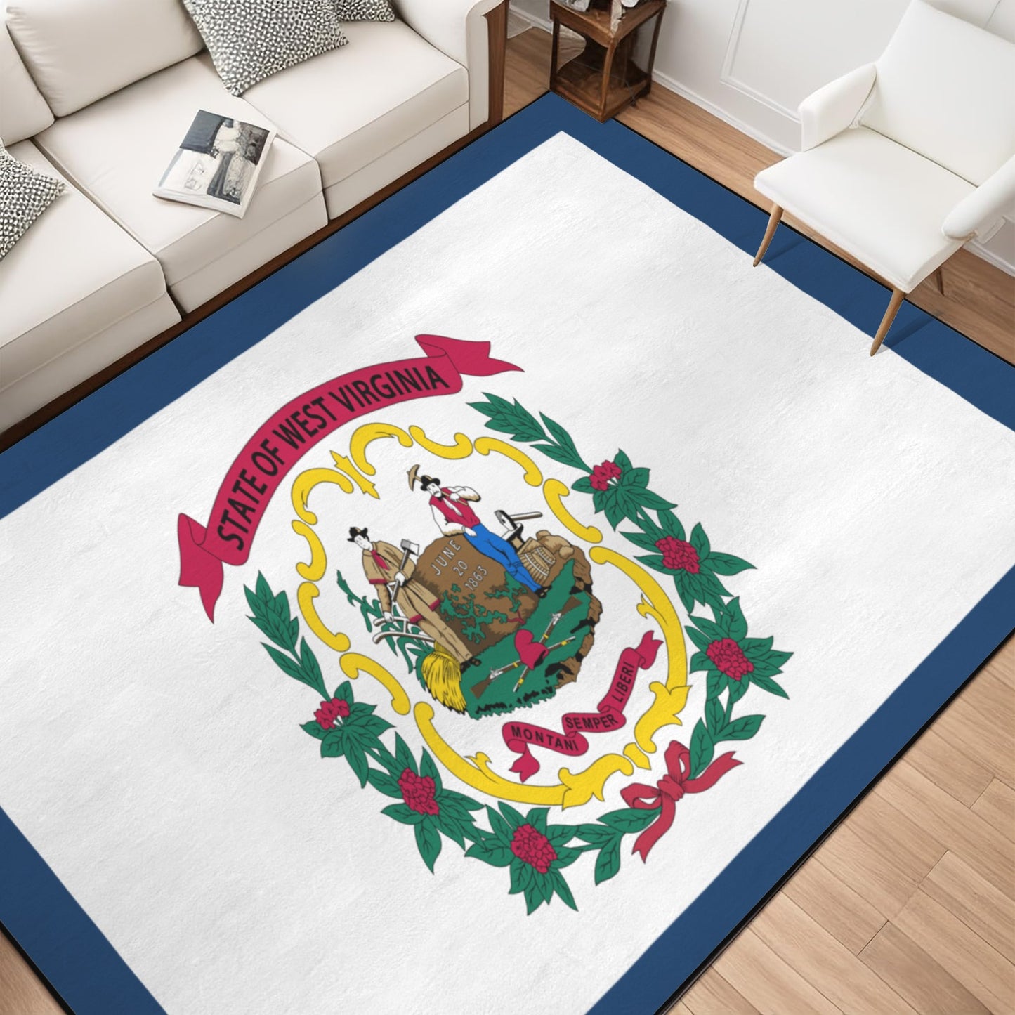 West Virginia Flag Inspired 84x60 Inch Area Rug with Black Binding (Made in the USA)