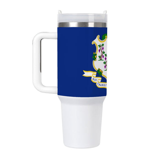 Connecticut Flag tumbler with blue design.