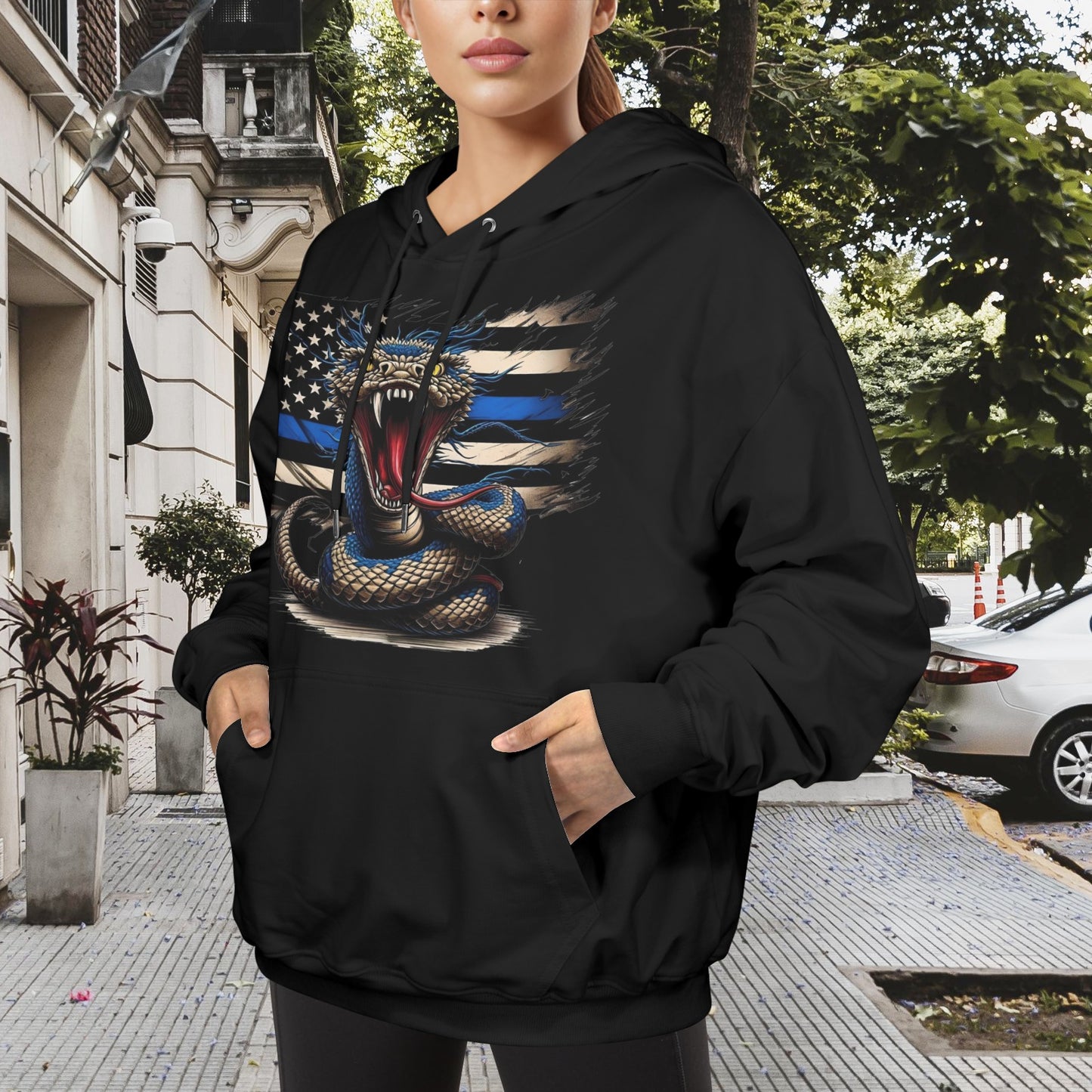 Thin Blue Line Distressed Flag w/Snake Women's Hoodie (Made in the USA)