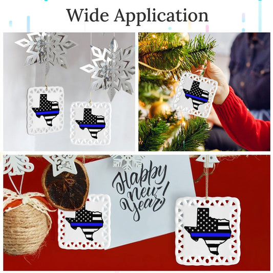 Thin Blue Line Flag Inspired Texas Shape Square Ceramic Ornament Made in the USA