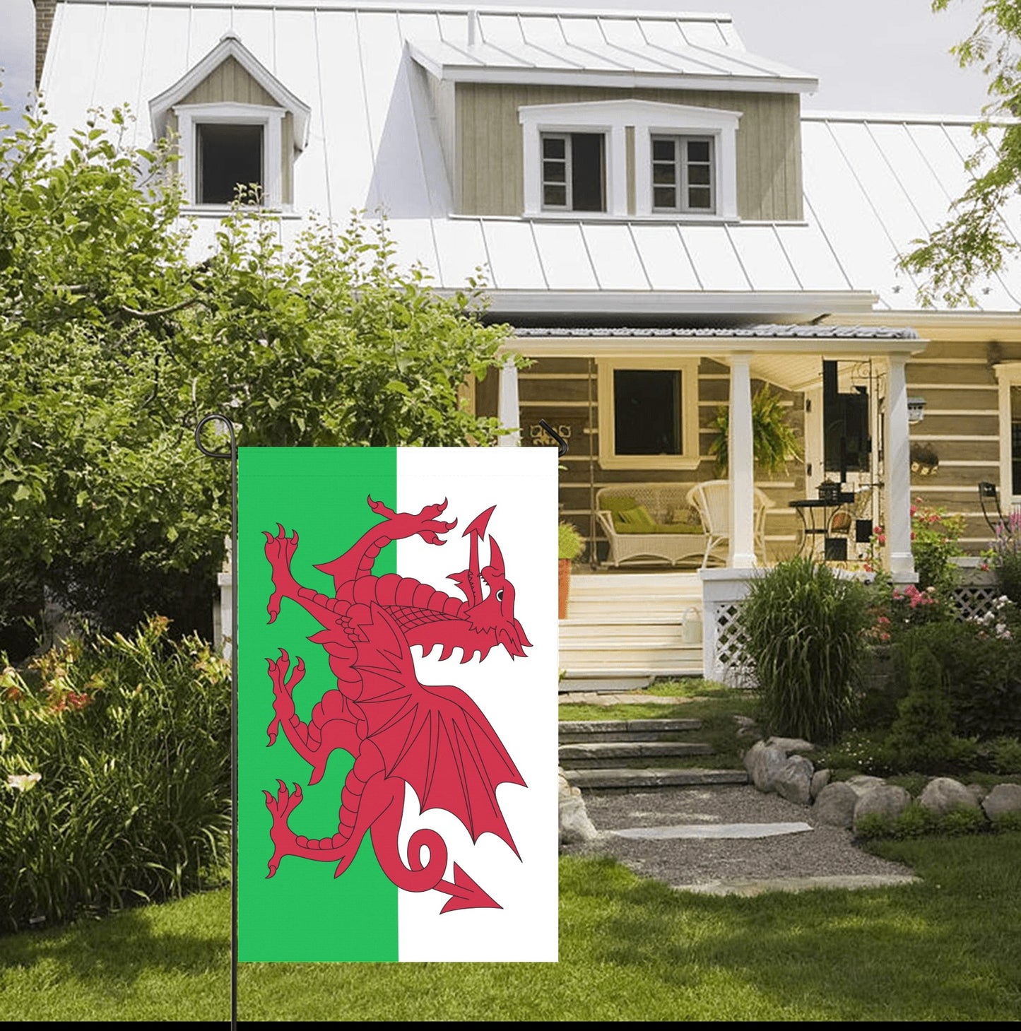House with Luv My Flag’s Welsh dragon garden flag.