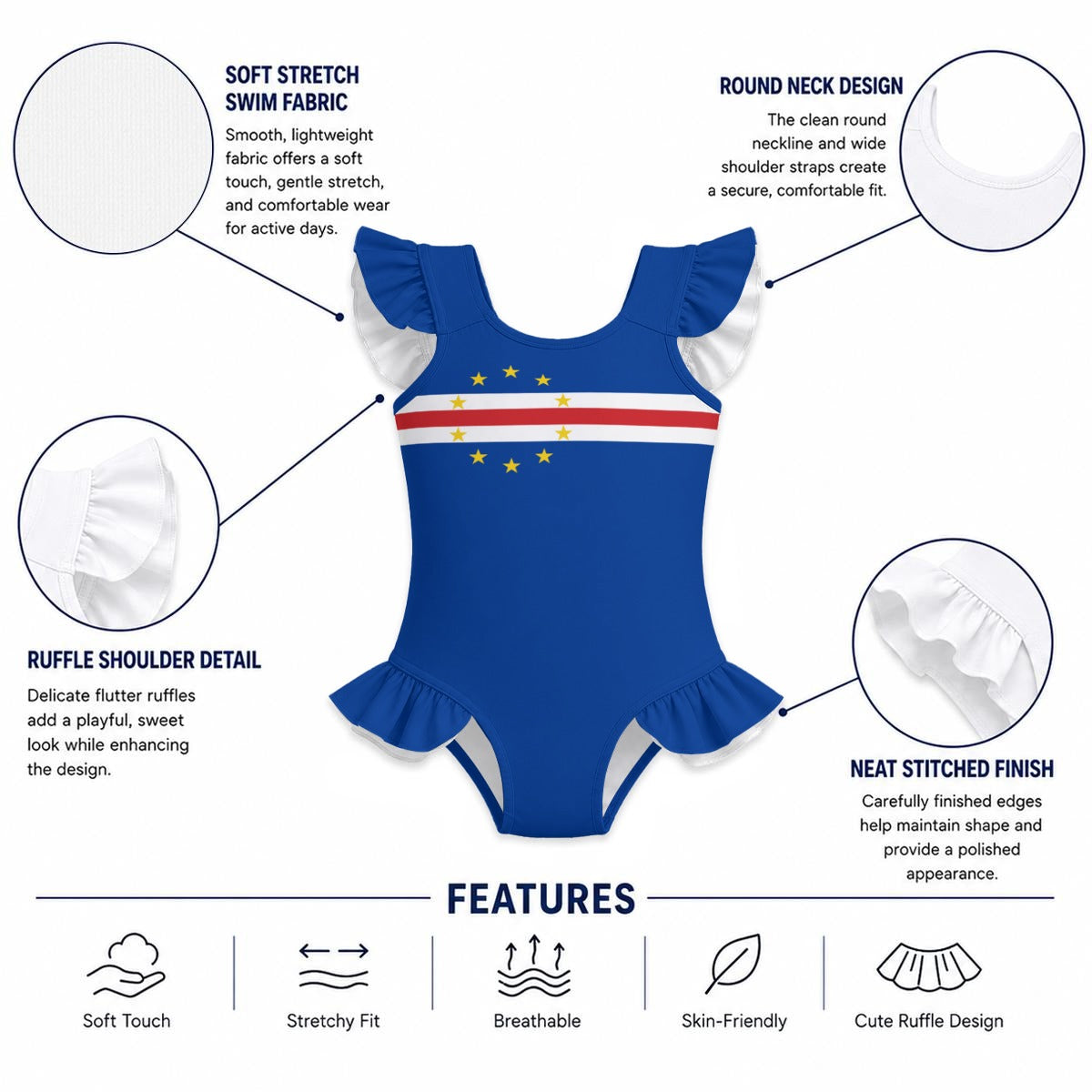 Cape Verde Flag Inspired Ruffle Sleeve One-Piece Girls Swimsuit