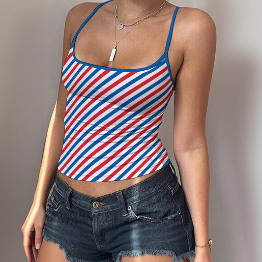 USA/American Flag Inspired Striped Pattern Women's Spaghetti Strap Tank Top