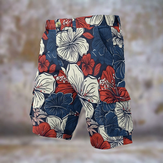 USA/American Flag Colors Hawaiian Floral Pattern Mens Cargo Shorts