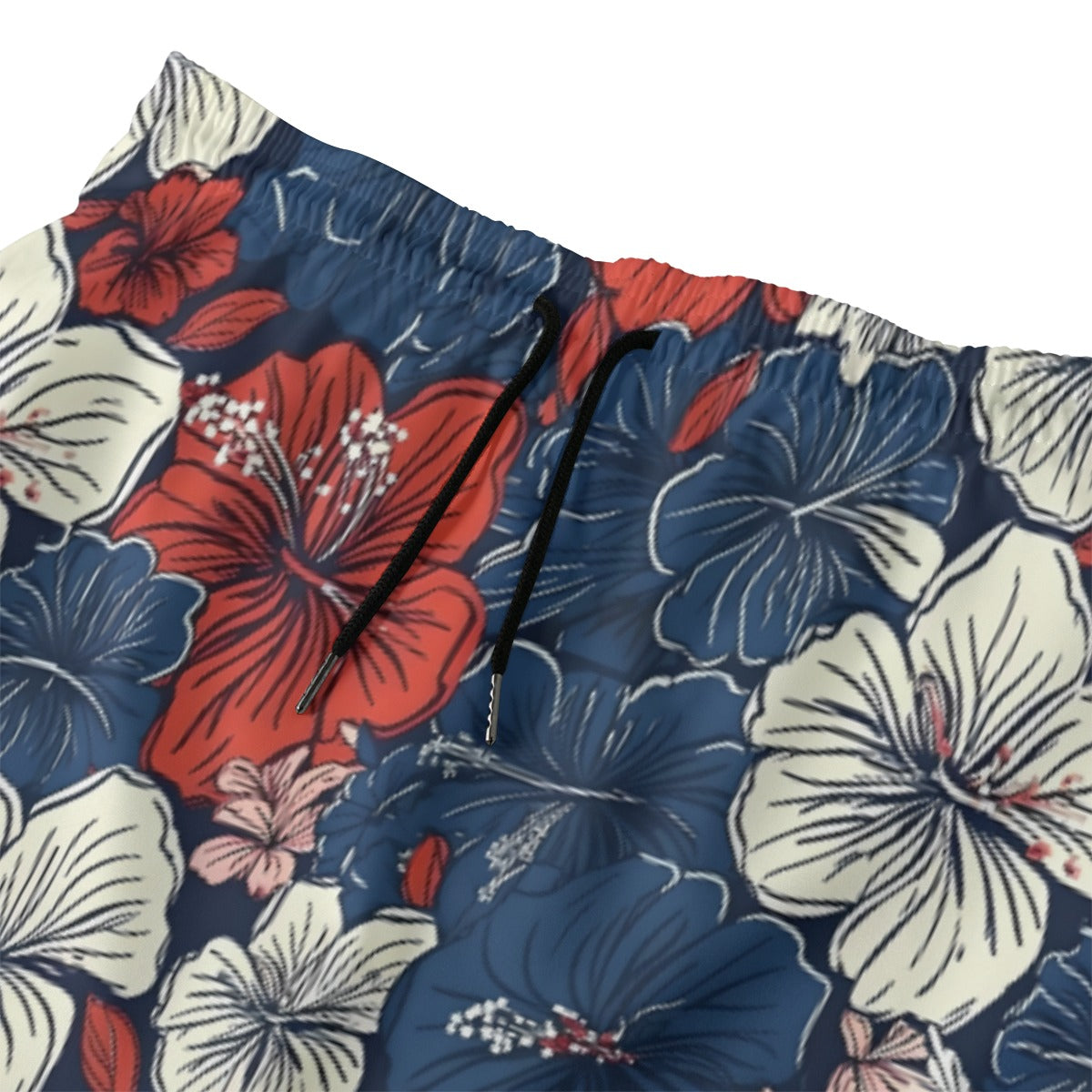 Luv My Flag floral shorts with red, white, blue hibiscus.