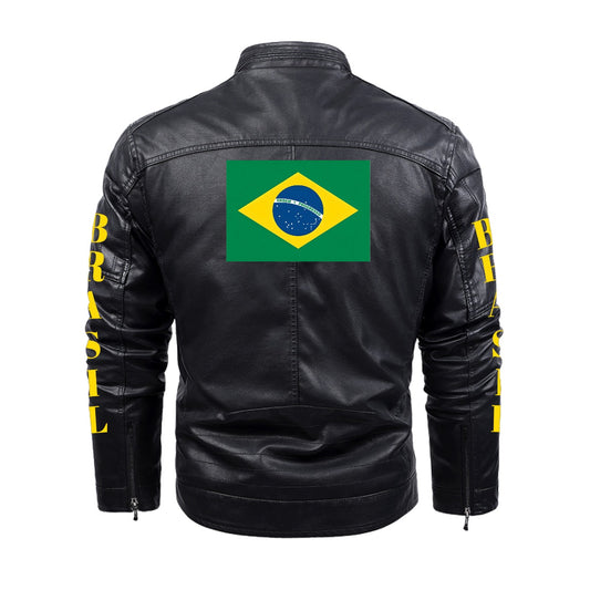 Brazil Flag Inspired Plush Fleece Decorative Zipper Faux Leather Jacket