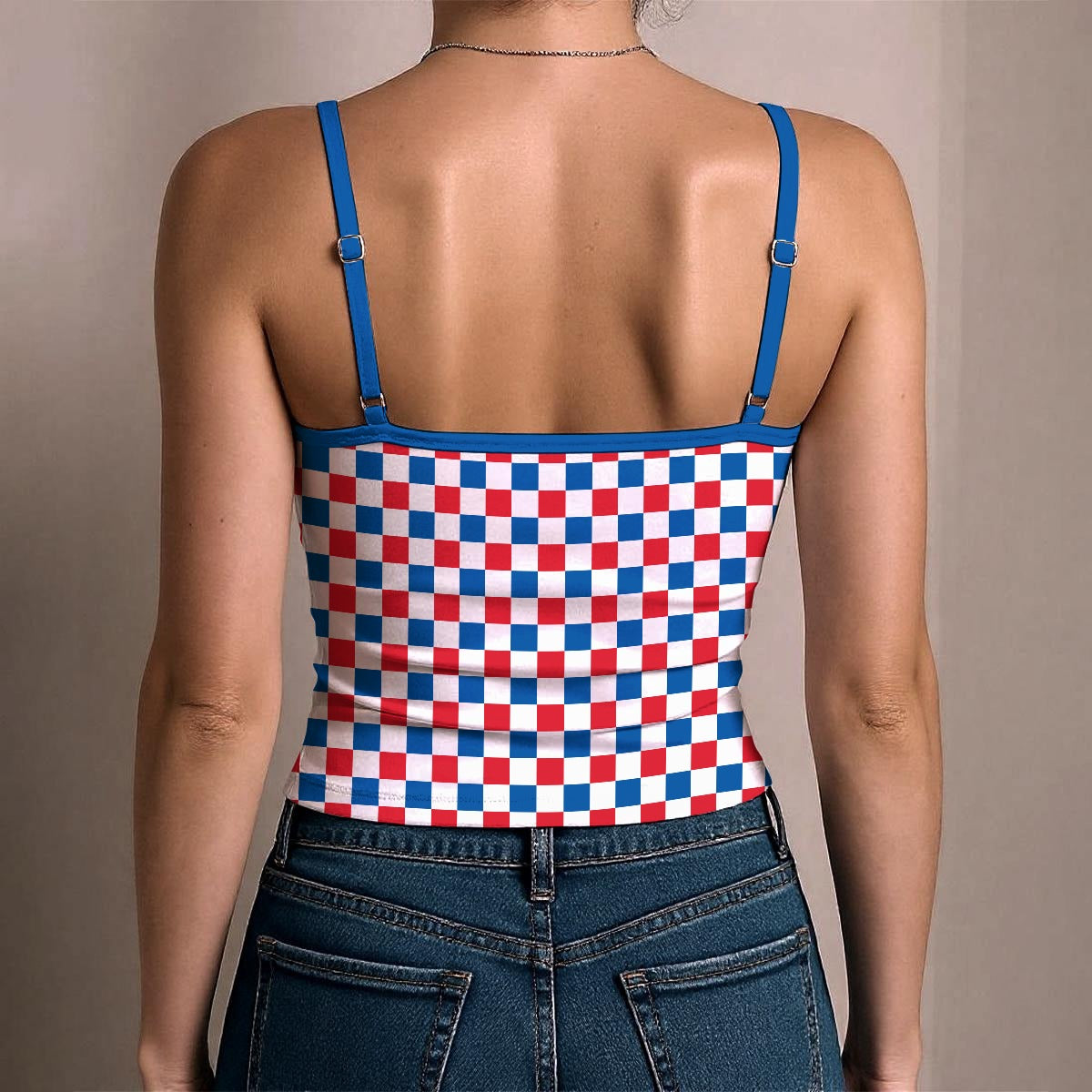 USA/American Flag Inspired Checkered Pattern Women's Spaghetti Strap Tank Top