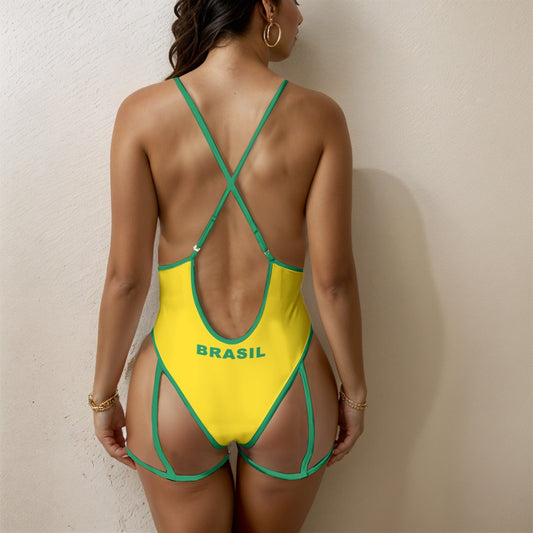Brazil Flag Inspired Women's Sexy Tie One-Piece Swimsuit