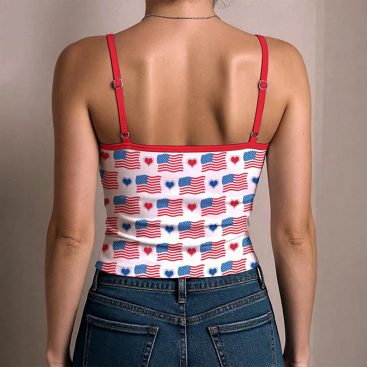 USA/American Flag Inspired Flag & Hearts Pattern Women's Spaghetti Strap Tank Top