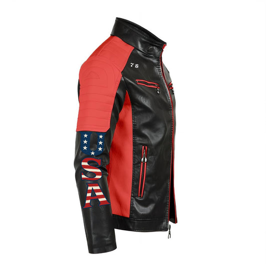 America 250th Anniversary USA/American Flag Inspired Men's Stand-up Collar Block Slim-fit PU Leather Jacket