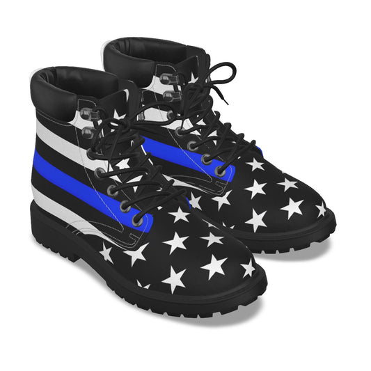Thin Blue Line Flag Inspired Men’s Padded-Collar Lace-Up Utility Boots