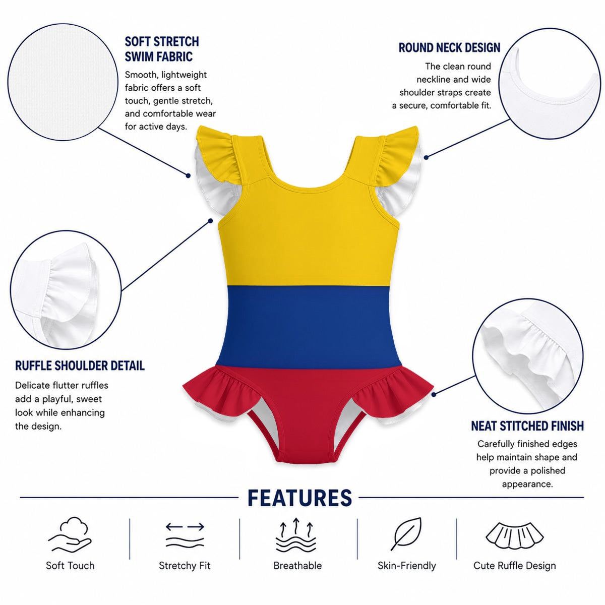 Colombia Flag Inspired Ruffle Sleeve One-Piece Girls Swimsuit