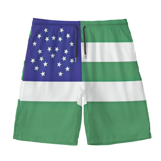 Luv My Flag green flag-themed shorts with stars design.