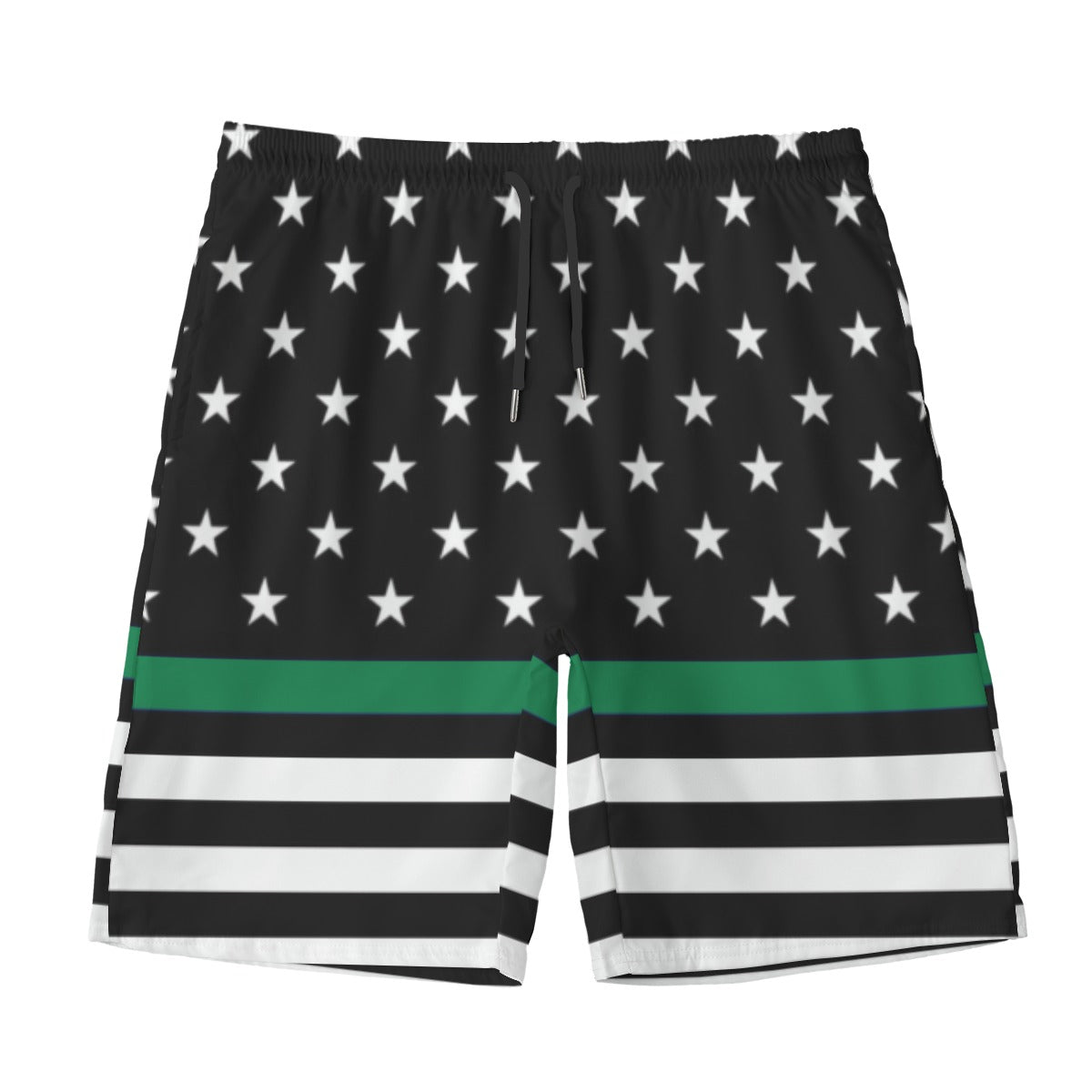 Black and white stars and stripes shorts, green stripe, Luv My Flag.