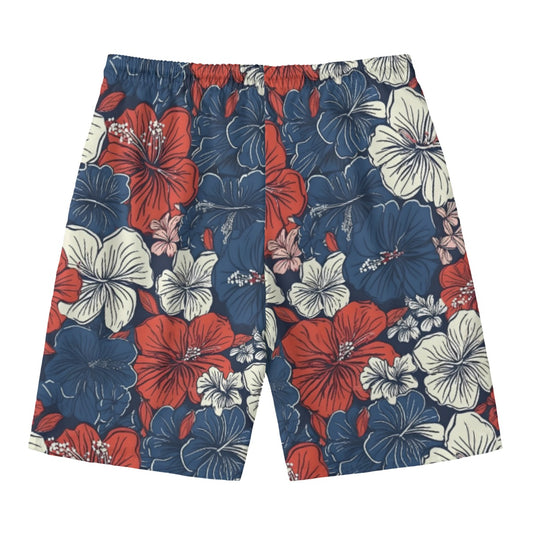 Luv My Flag floral shorts with red, blue, white hibiscus.