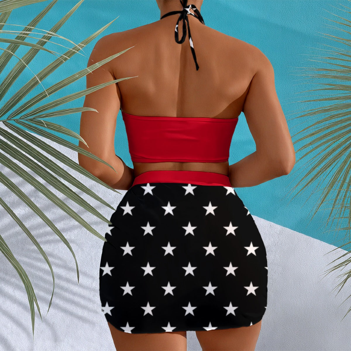 Woman in red top, star skirt, Luv My Flag brand.