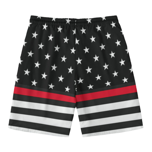 Luv My Flag shorts, black stars, stripes, bold design.