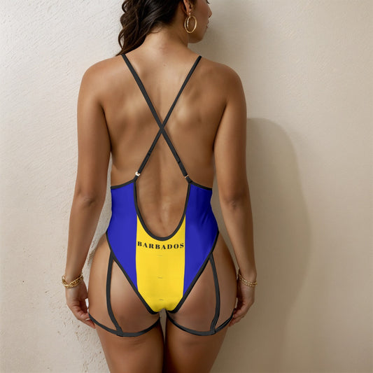 Barbados Flag Inspired Women's Sexy Tie One-Piece Swimsuit