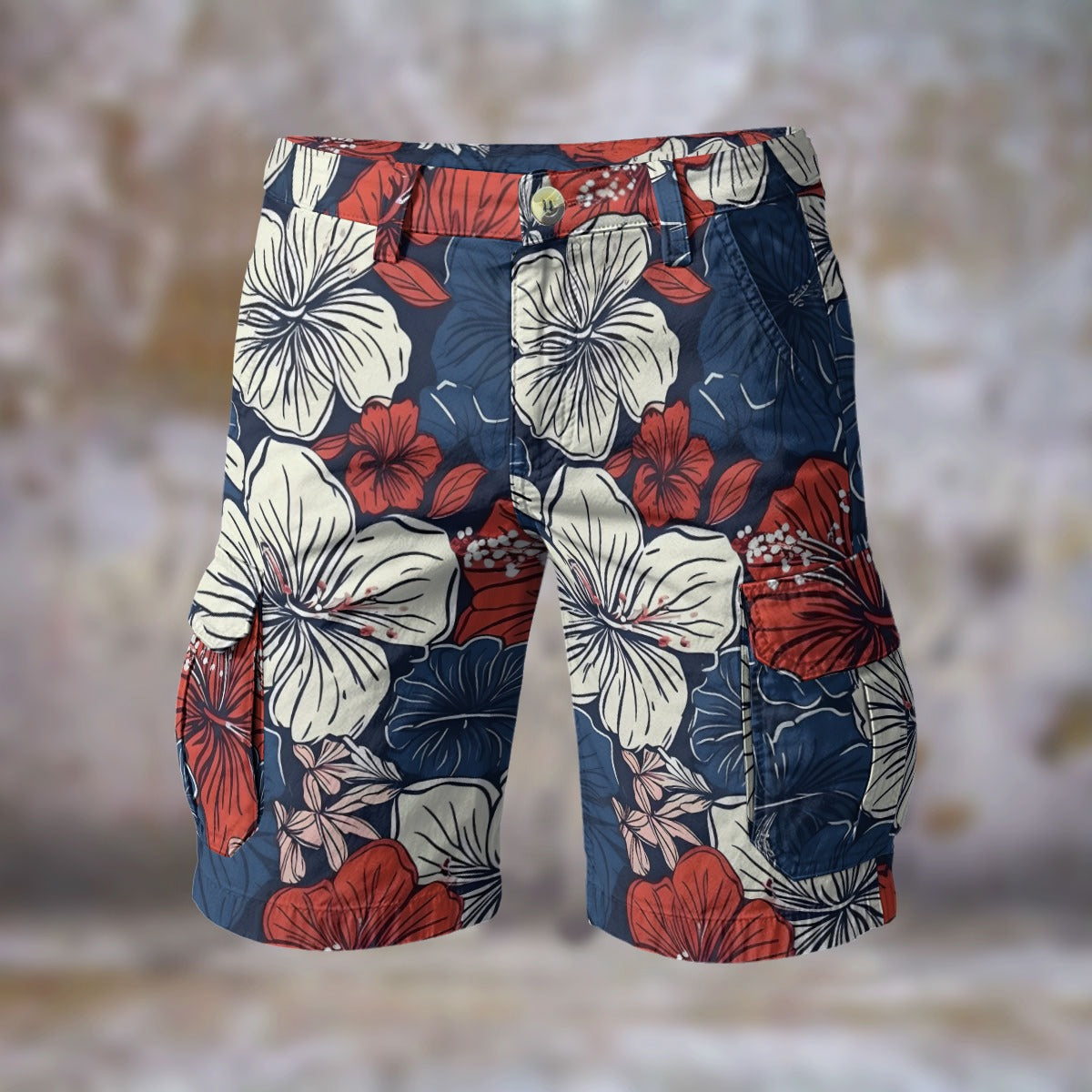 USA/American Flag Colors Hawaiian Floral Pattern Mens Cargo Shorts