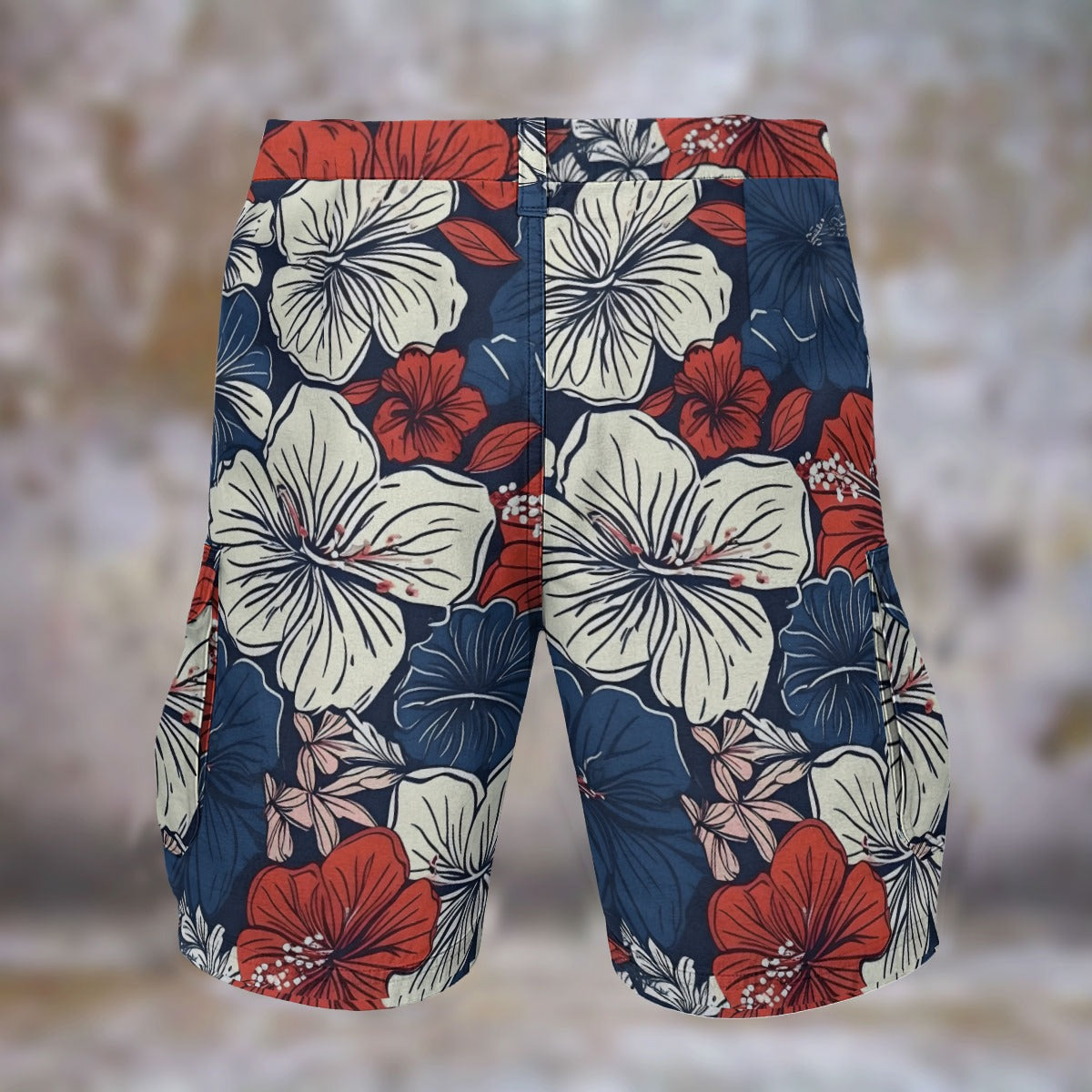 USA/American Flag Colors Hawaiian Floral Pattern Mens Cargo Shorts