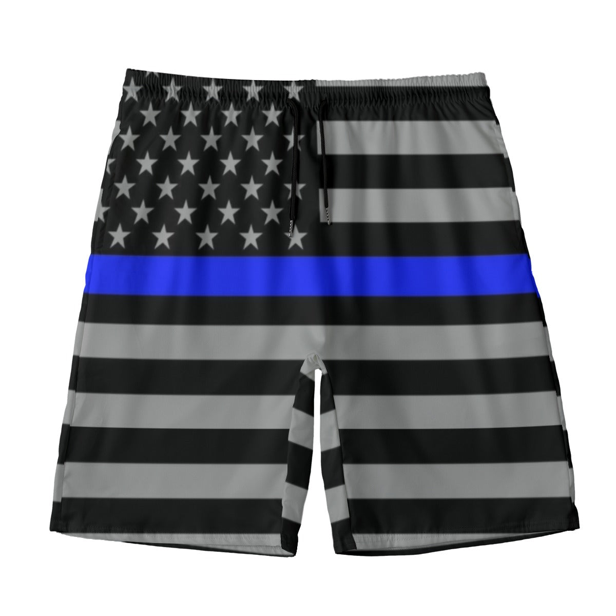 Luv My Flag shorts featuring black, gray stripes, blue line.