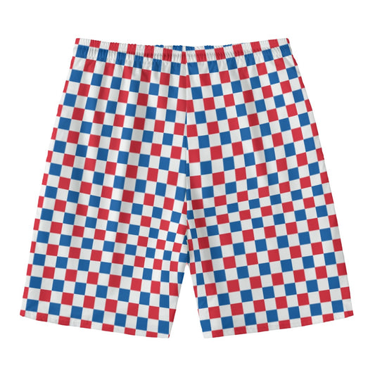 Luv My Flag shorts with red, blue checkered pattern.