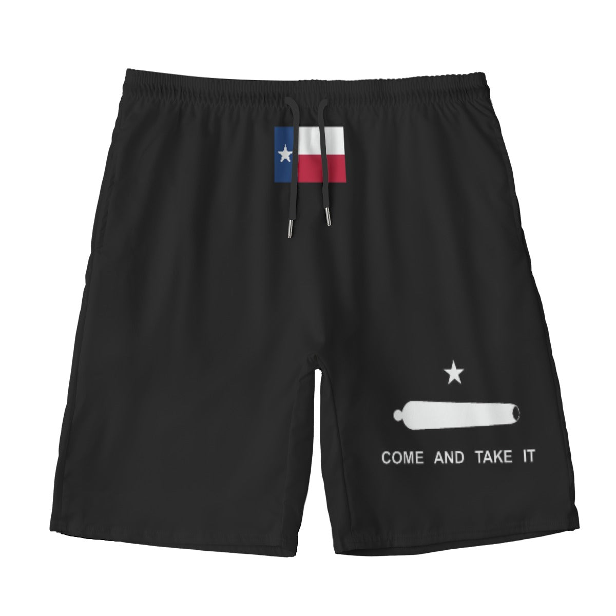 Black shorts featuring Texas flag and "Come and Take It."
