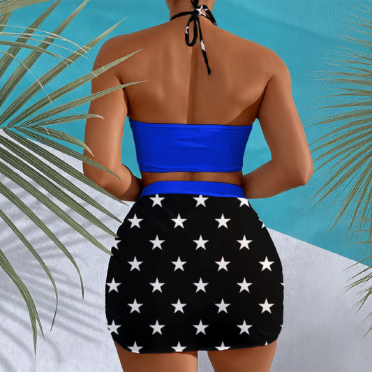Back view, woman in Luv My Flag star skirt.