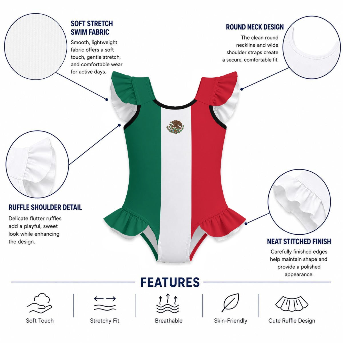 Mexico Flag Inspired Ruffle Sleeve One-Piece Girls Swimsuit