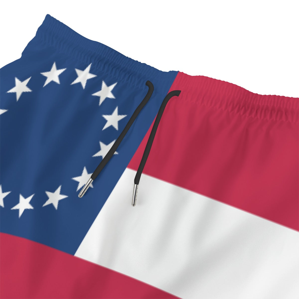 Luv My Flag swim trunks with stars and stripes design.