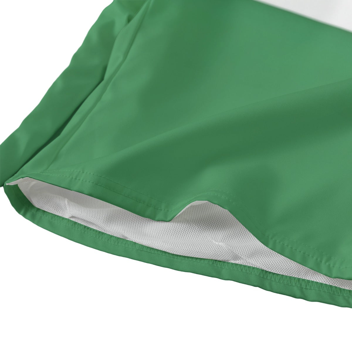 Green and white Luv My Flag fabric corner, detailed stitching.