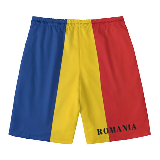Blue, yellow, red shorts with "Romania," by Luv My Flag.