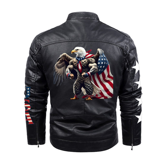 USA/American Flag Inspired Plush Fleece Decorative Zipper Faux Leather Jacket