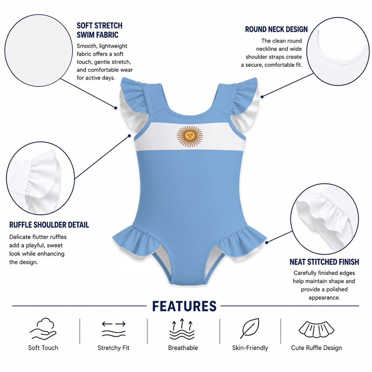 Argentina Flag Inspired Ruffle Sleeve One-Piece Girls Swimsuit