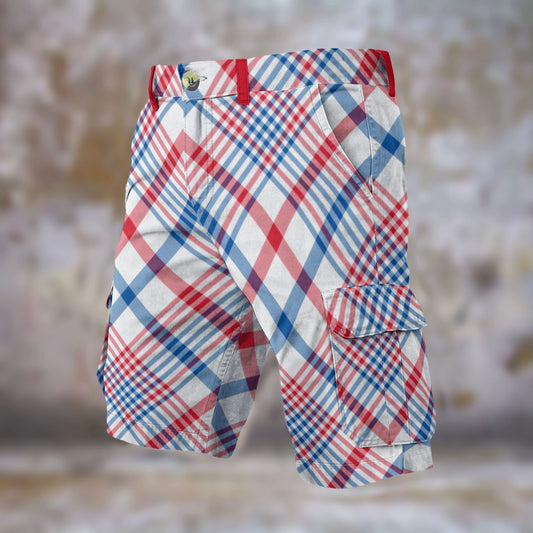 USA/American Flag Colored Plaid Pattern Men’s Cargo Shorts