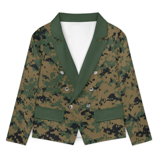 Thin Green Line Flag Inspired On Digital Camo Women’s Double Breasted Blazer