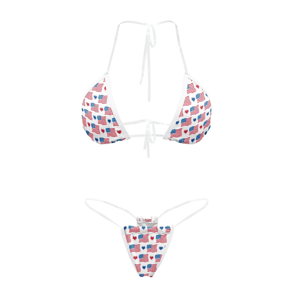 USA/American Flag Inspired Pattern with Hearts Transparent String Thong Bikini