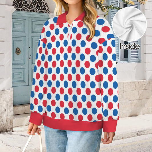 USA/American Flag Polka Dot Pattern Women's Quarter Zip Pullover Sweatshirt
