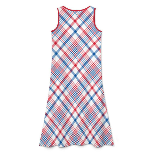 USA/American Flag Inspired Plaid Pattern Sleeveless High-Low Hem Dress