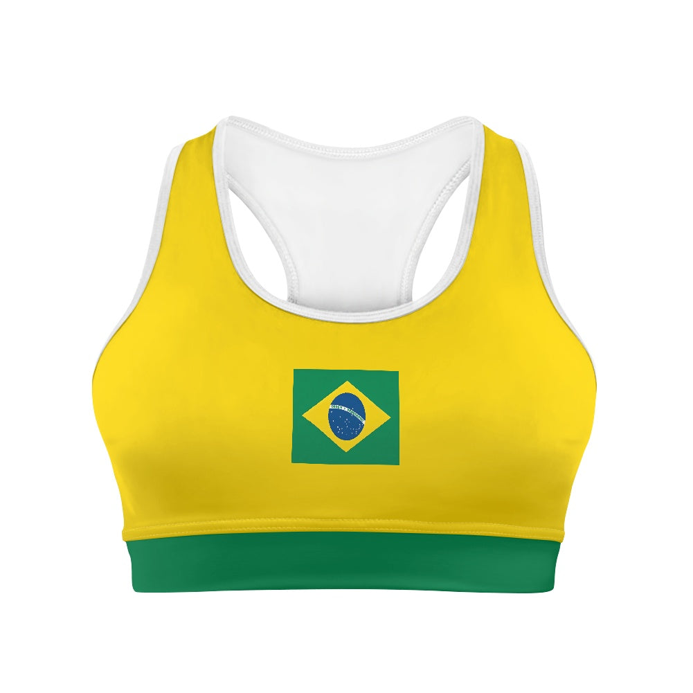 Brazil Flag Inspired Women’s Sports Bra with Back Pocket – Black or White Trim - Luv My Flag
