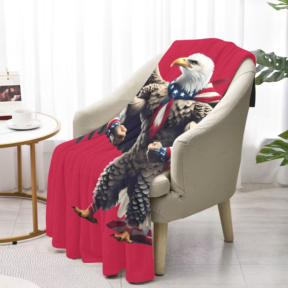 Chair draped with Luv My Flag bald eagle blanket.