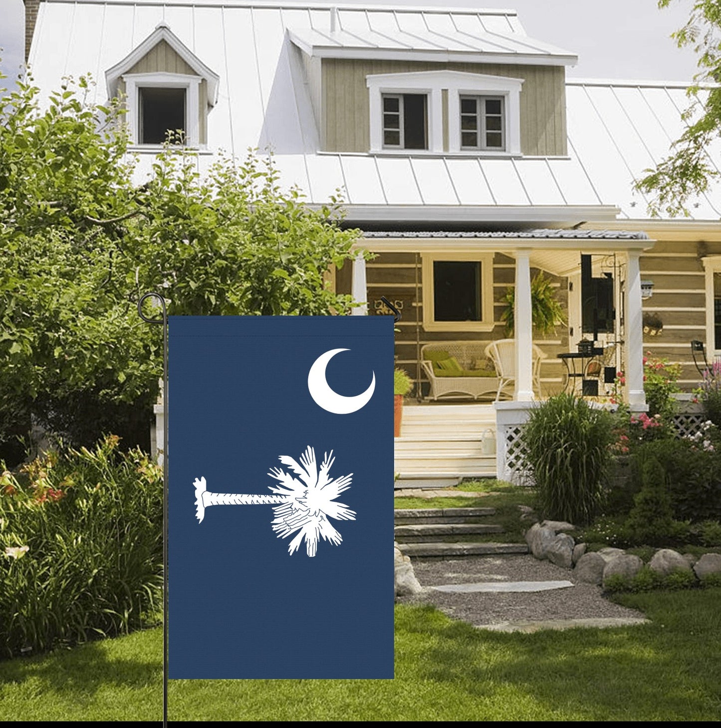 Luv My Flag garden flag outside charming house, blue design.